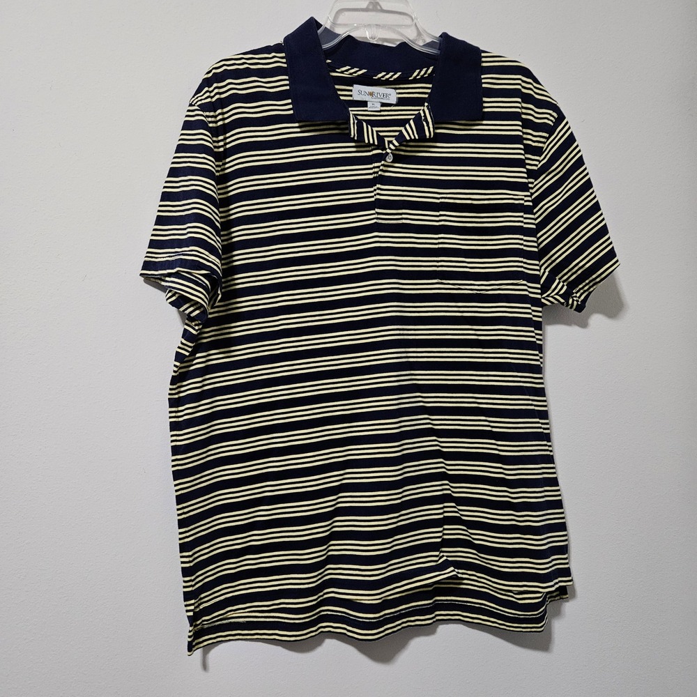 Sun River Clothing Co Mens XL Polo Shirt Navy Blue Yellow Striped Chest Pocket